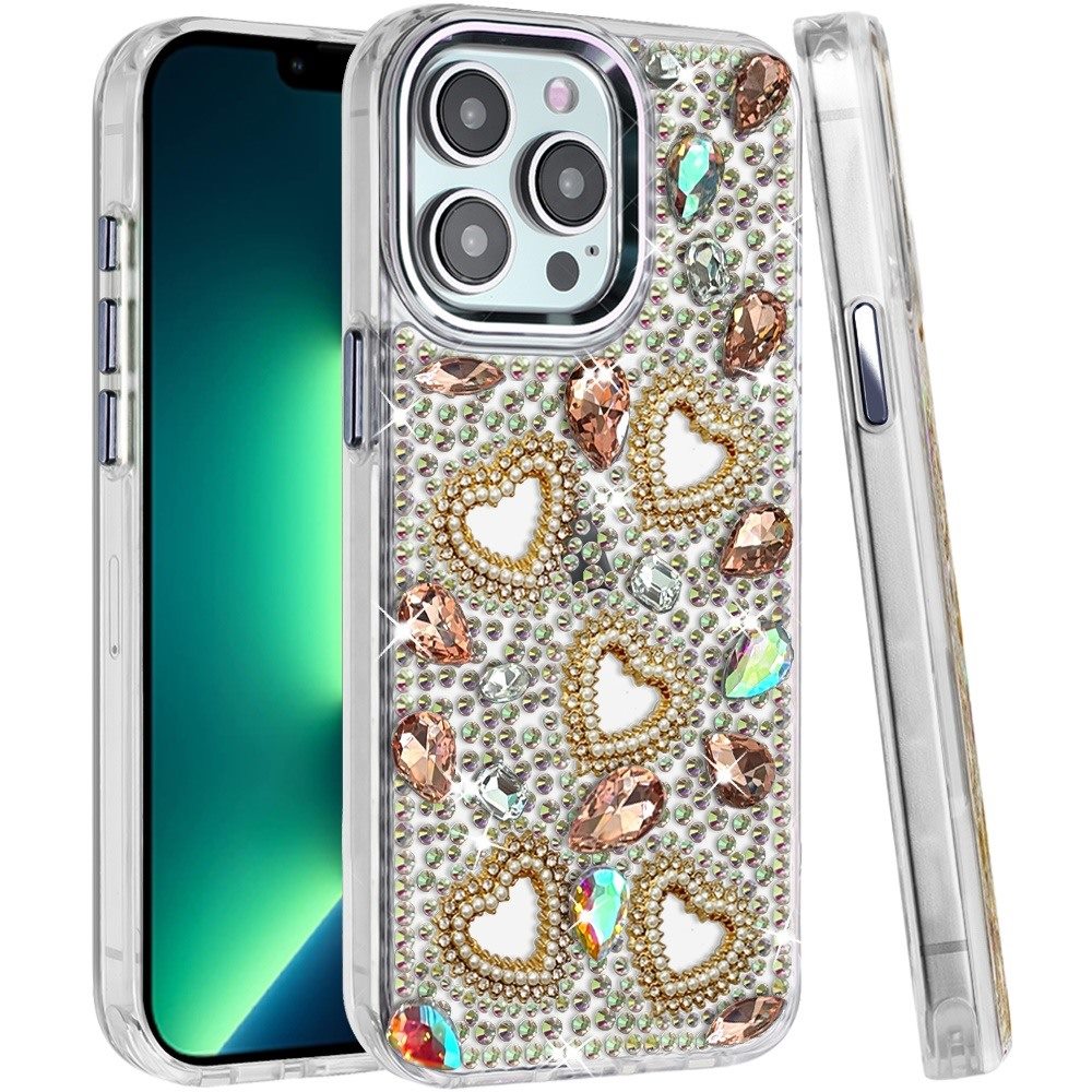 Phone Case for Apple iPhone 13 Pro Max Luxury Crystal Heart Rhinestone Diamond Bling Shockproof Hybrid Glitter Protective Stylish Durable Grip Cover