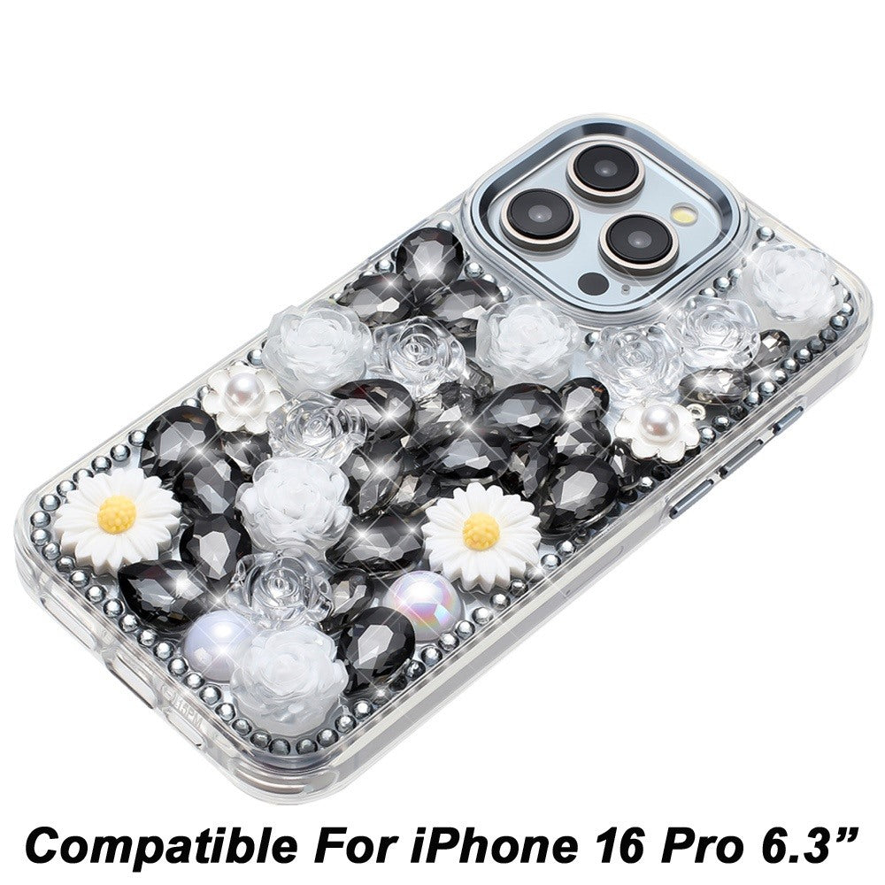 Phone Case for Apple iPhone 16 Pro Full Bling Rhinestone Glitter Floral Luxury Hybrid Shockproof Stylish Sparkling Protective Designer Ornament Cover