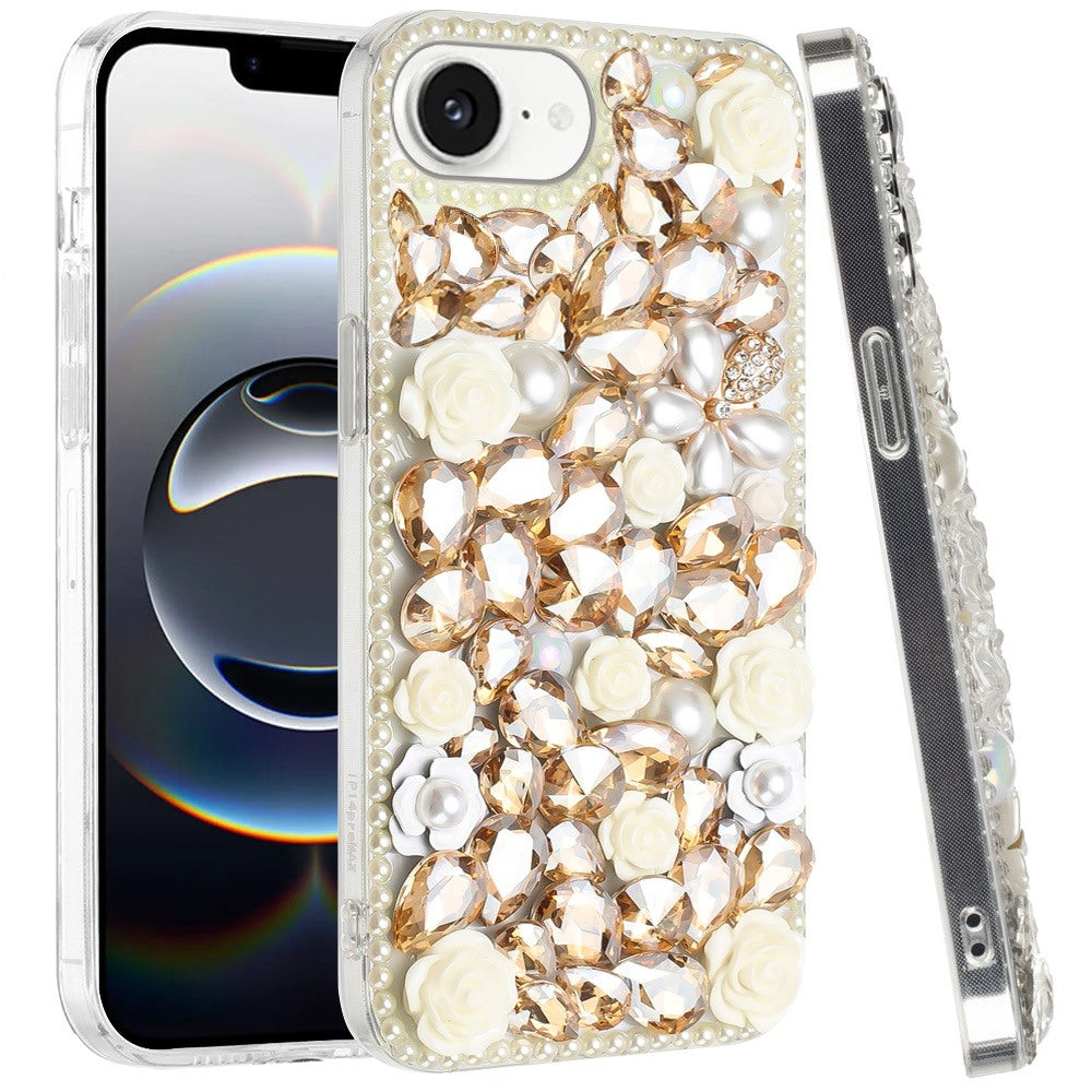 For Apple iPhone 16e Fashion Rose Flower Floral Bling Crystal 3D Full Diamonds Pearl Sparkle Rhinestone Glitter Hybrid Case Cover