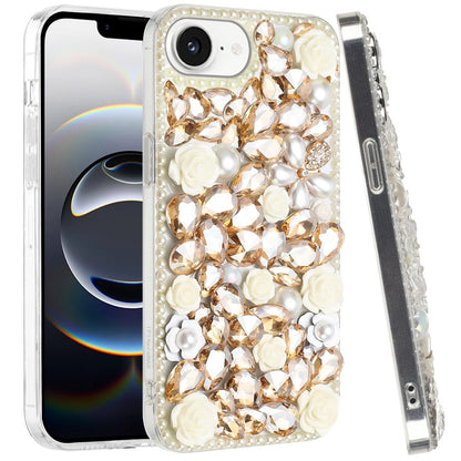 For Apple iPhone 16e Fashion Rose Flower Floral Bling Crystal 3D Full Diamonds Pearl Sparkle Rhinestone Glitter Hybrid Case Cover