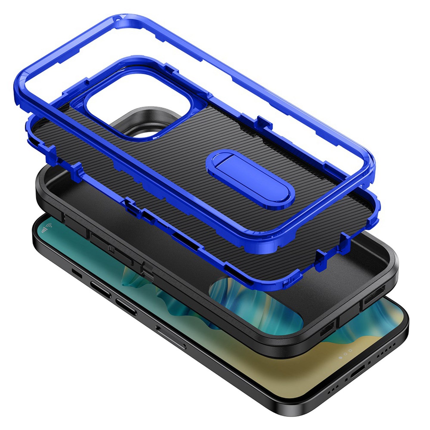 For Apple iPhone 16 Pro (6.3") Hybrid 3 Layers Hard 3in1 Shockproof with Kickstand Heavy Duty Hard TPU Rubber Anti-Drop Case Cover Black / Blue