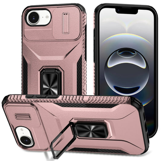 For Apple iPhone 16e Case, Camera Cover with Magnetic Rotation Ring Stand, Military Grade Hybrid Hard TPU Shockproof Case Cover Rose Gold