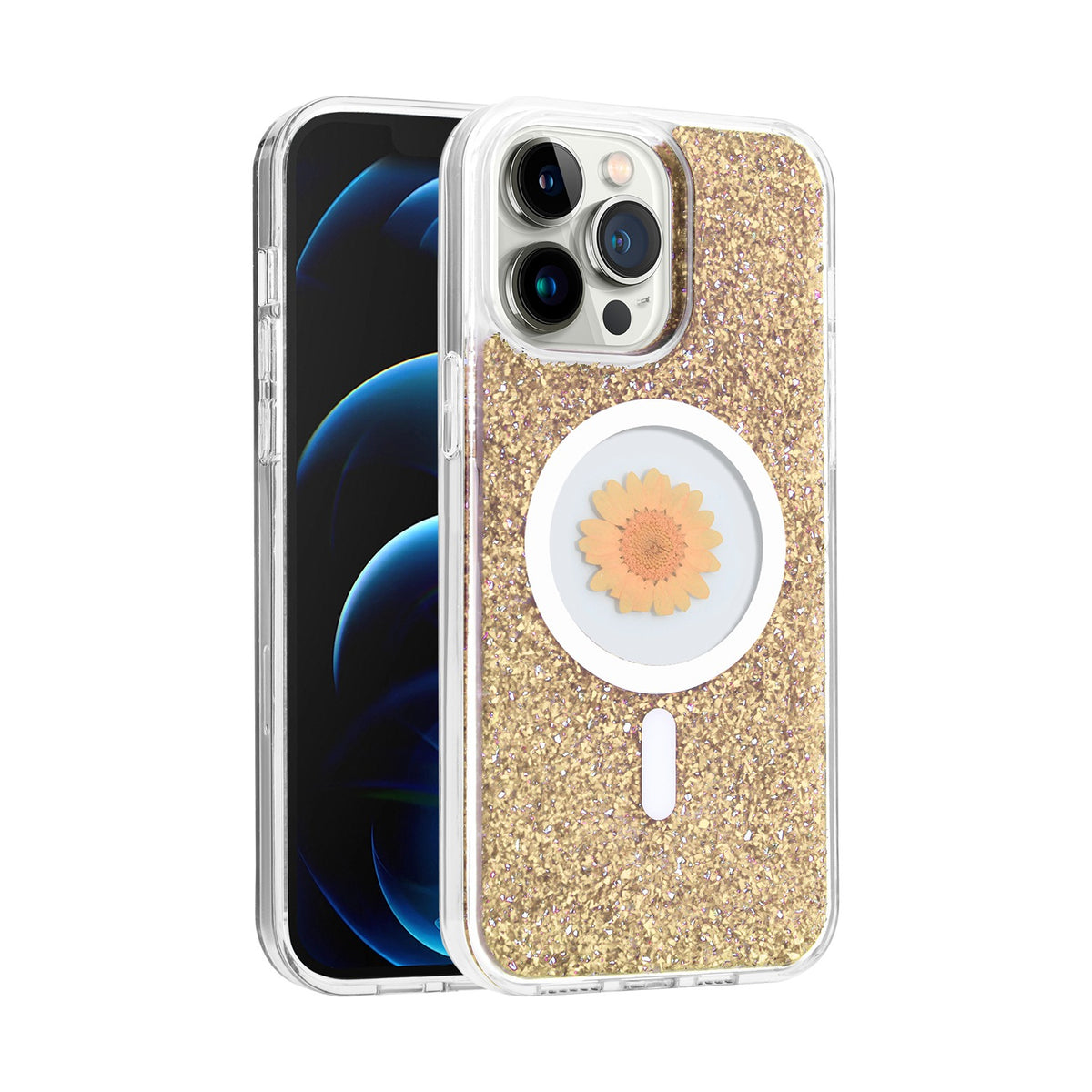 For Apple iPhone 16e MagSafe Compatible Glitter Flower Epoxy Hybrid Slim TPU Case, Magnetic Circle Design, Sparkly Bling Protective Case Cover