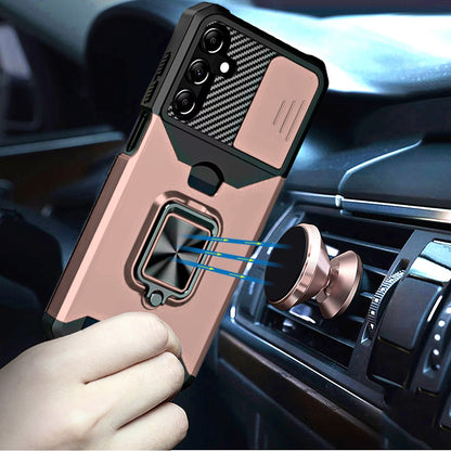 For Samsung Galaxy A16 5G Wallet Case with Ring Stand & Slide Camera Cover Credit Card Holder, Military Grade Hard Shockproof Case Cover Rose Gold