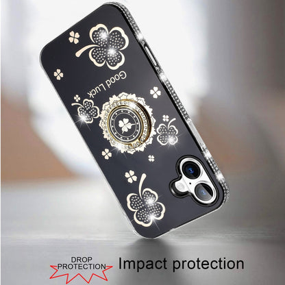 For Apple iPhone 17 (6.3") Diamonds Bling All Around Edges Sparkly Glitter Hybrid with Ring Stand Holder Fashion Good Luck Case Cover