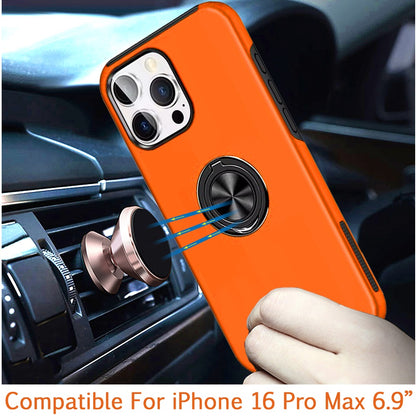 For iPhone 16 Pro Max (6.9") Hybrid 360 Degree Rotatable Metal Invisible Ring Stand Holder Slim Fit Magnetic Car Mount Shockproof Case Cover Cosmic Orange