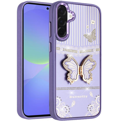 Phone Case for Samsung Galaxy A37 / A36 Glitter Bling Butterfly Stand Metallic Edge Hybrid Shockproof Grip Durable Camera Protection Stylish Design Cover Purple