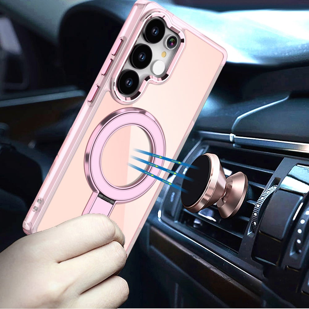 Phone Case for Samsung Galaxy S25 Ultra Chrome Magnetic Ring Stand Rotational Shockproof Hybrid Kickstand Metal Finish Rugged Drop Protection Armor Cover