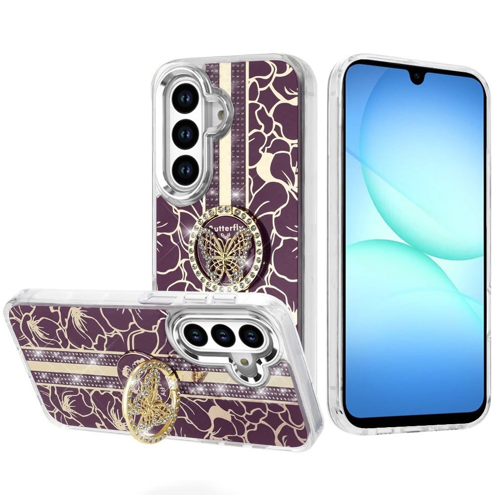 Phone Case for Samsung Galaxy A17 5G Floral Butterfly Ring Stand Glitter Bling Shockproof Hybrid Luxury Fashion Protective Anti Slip Durable Grip Cover Purple