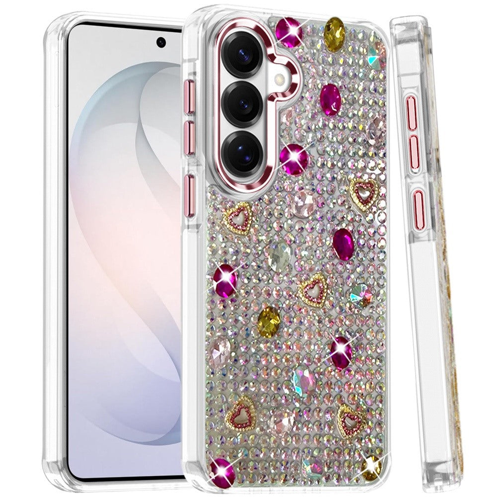 Phone Case for Samsung Galaxy S26 FE /Fan Edition Chrome Fashion Hybrid Bling Diamond Heart Rhinestone Decorative Stones Sparkling Embellished Design Cover