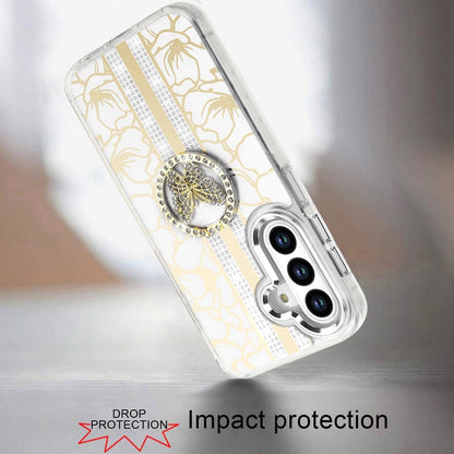 For Samsung Galaxy A16 5G Diamonds 3D Butterfly Floral Design Bling Sparkly Glitter Hybrid Metal Fashion with Ring Stand Case Cover