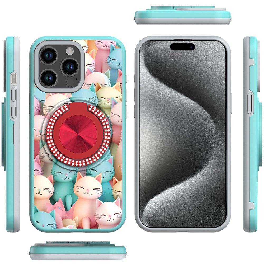 For Apple iPhone 15 Pro Max Pattern Design Hybrid with Invisible Ring Stand & Magnetic Back, Shockproof Protective Grip Case Cover