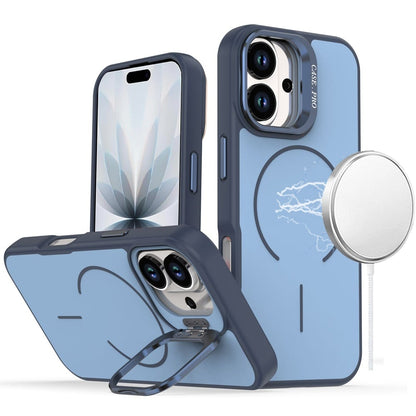 For Apple iPhone 17 (6.3") Magnetic Matte Metal Camera Stand Hybrid Drop Protection Durable Shockproof Slim Fit Design Case Cover Navy Blue