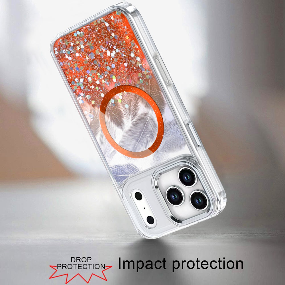 For Apple iPhone 17 Pro (6.3") Epoxy Glitter Shimmer Fashion Case with Magnetic Magsafe Compatible Hybrid Sparkling Slim Protective Case Cover Cosmic Orange