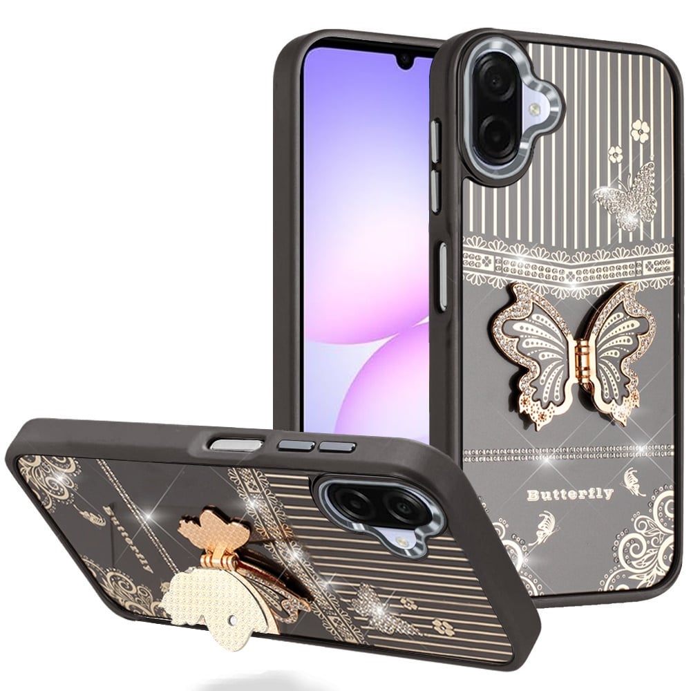 For Samsung Galaxy A07 Glitter 3D Butterfly Design Bling Metallic Edge Hybrid Stand Drop Protection TPU Shockproof Case Cover