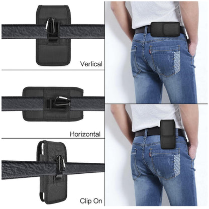 For Apple iPhone 16 (6.1") Nylon Canvas Fabric Waist Belt Holster Vertical Pouch Holds Large Phone Works with Thick Cases Universal Cover [Black]