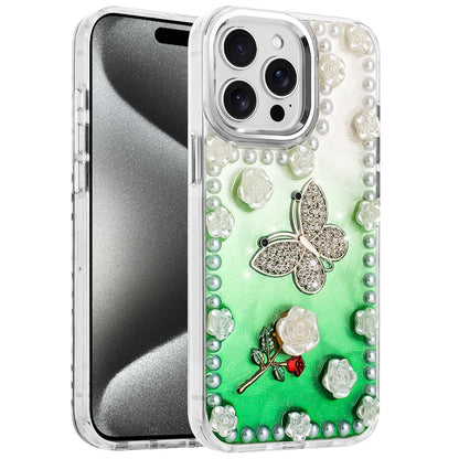 For Apple iPhone 13 Pro Max Bling Fashion Design with 3D Pearls Epoxy Glitter Ornaments Chrome Edge Hard Slim PC Case Cover