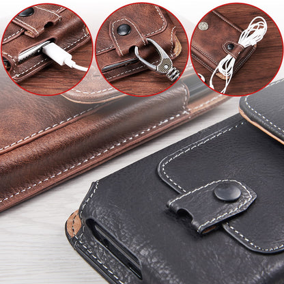 For Apple iPhone 16 Pro (6.3") Universal Vertical Leather Case Holster with Credit Card Holder, Belt Loop & Carabiner Carrying Phone Pouch [Black]