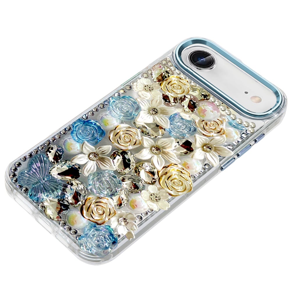For Apple iPhone 17 Air (6.6") 3D Diamond Floral Roses Flower Bling Stone Hybrid, Sparkly Rhinestone Gemstone Back Shockproof Case Cover