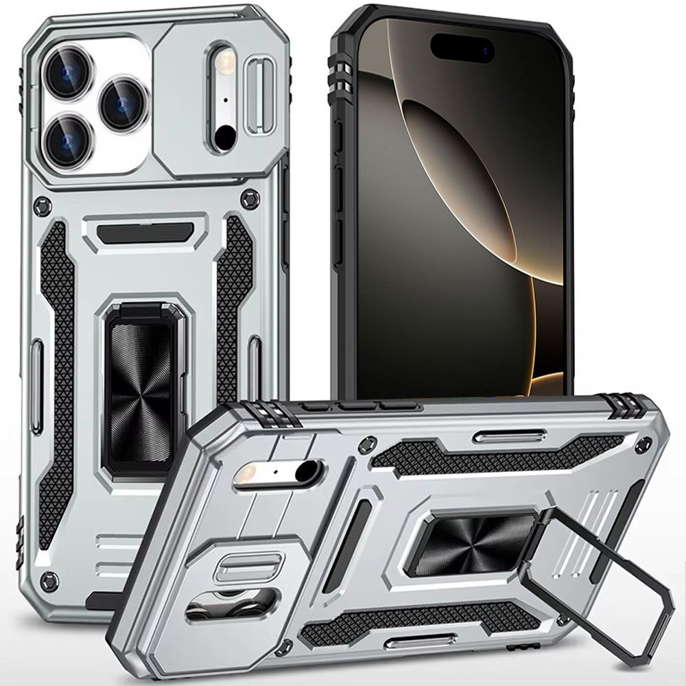 For Apple iPhone 17 Pro Max (6.9") Tough Hybrid Case with Movable Camera Window & Metal Ring Stand Shockproof Case Cover