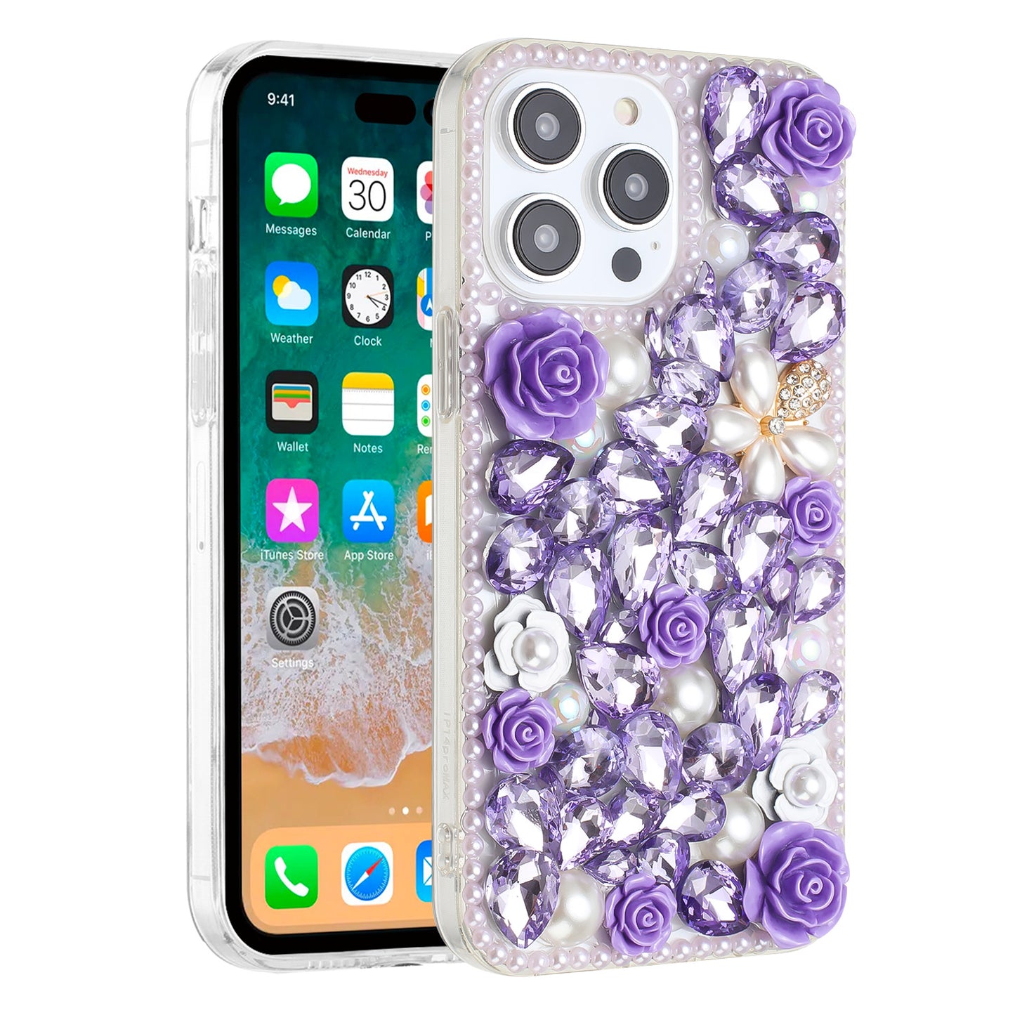 Phone Case for Apple iPhone 15 Pro Max Rose Flower Full Diamond Bling Rhinestone Glitter Luxury Stylish Sparkle Protective Designer Hybrid Cover Purple