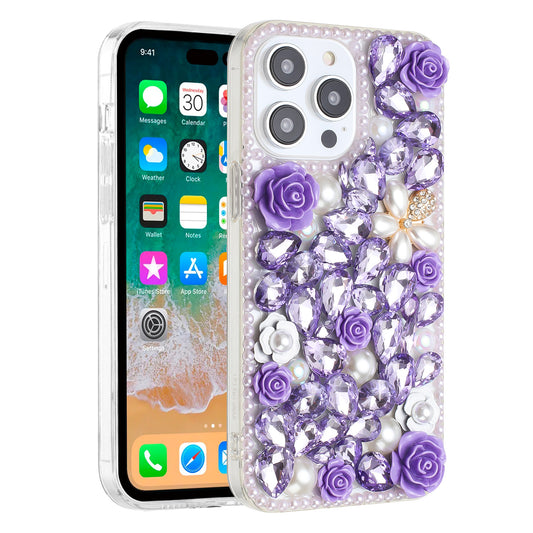 Phone Case for Apple iPhone 15 Pro Max Rose Flower Full Diamond Bling Rhinestone Glitter Luxury Stylish Sparkle Protective Designer Hybrid Cover Purple