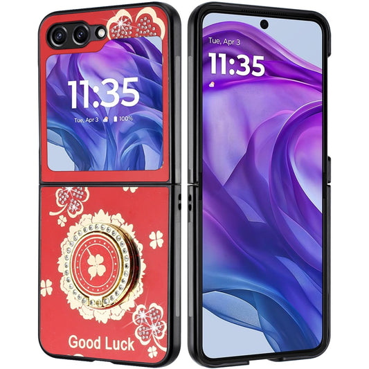 For Samsung Galaxy Z Flip 7 FE Diamonds 3D Fashion Floral Bling Sparkly Glitter Ornaments Engraving Hybrid with Ring Stand Case Cover Red Good Luck Floral