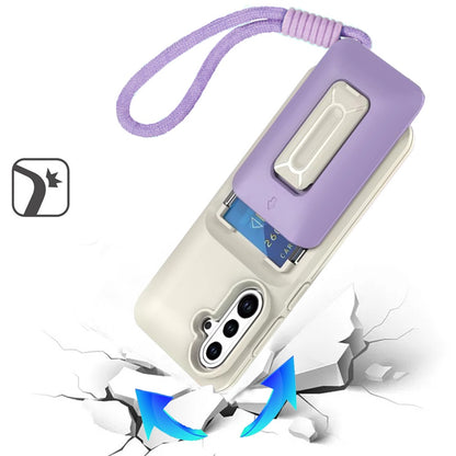 Phone Case for Samsung Galaxy A56 / A36 Credit Card Holder Wallet Shockproof Hybrid Armor Grip with Kickstand & Wrist Strap Protective Dual Card Slot Cover Beige+Light Purple