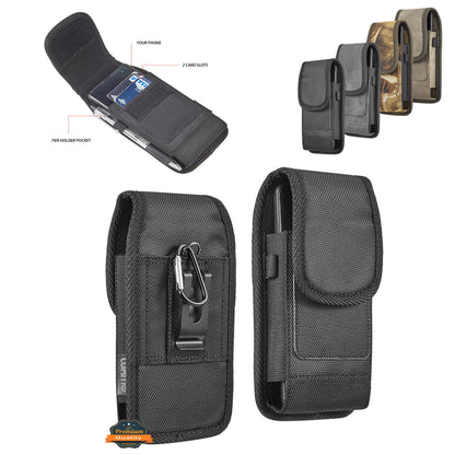 For Apple iPhone 16 (6.1") Universal Nylon Pouch Case Vertical Phone Holster with Dual Card Slots, Pen Holder, Belt Clip Loop & Hook Cover [Black]