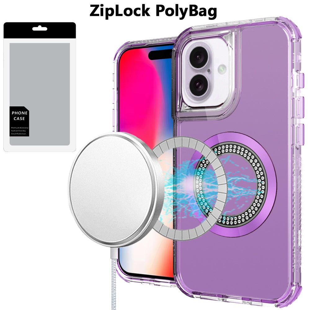 For iPhone 16 (6.1") Magnetic Circle Compatible with Magsafe, Hybrid Chrome 3in1 Transparent Shockproof TPU Bumper Case Cover Purple