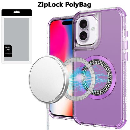 For iPhone 16 (6.1") Magnetic Circle Compatible with Magsafe, Hybrid Chrome 3in1 Transparent Shockproof TPU Bumper Case Cover Purple