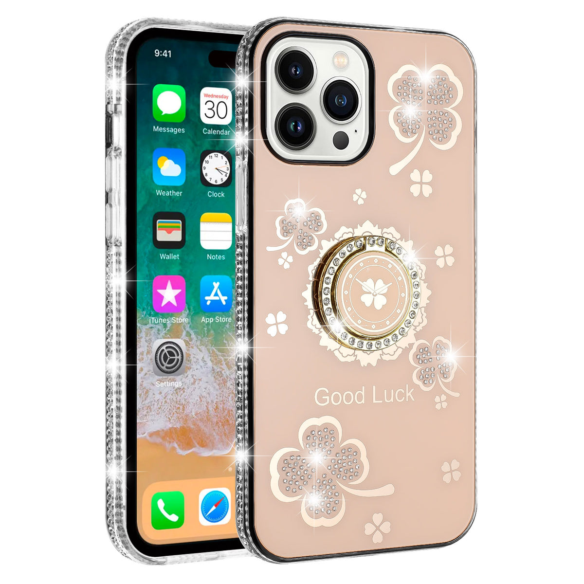 Phone Case for Apple iPhone 15 Glitter Diamond Ring Stand Sparkle Rhinestone Edge AntiSlip Kickstand Luxury Fashion Bumper Shockproof Cover Gold