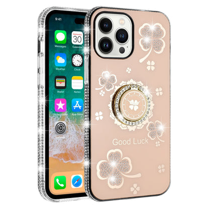 Phone Case for Apple iPhone 15 Glitter Diamond Ring Stand Sparkle Rhinestone Edge AntiSlip Kickstand Luxury Fashion Bumper Shockproof Cover Gold