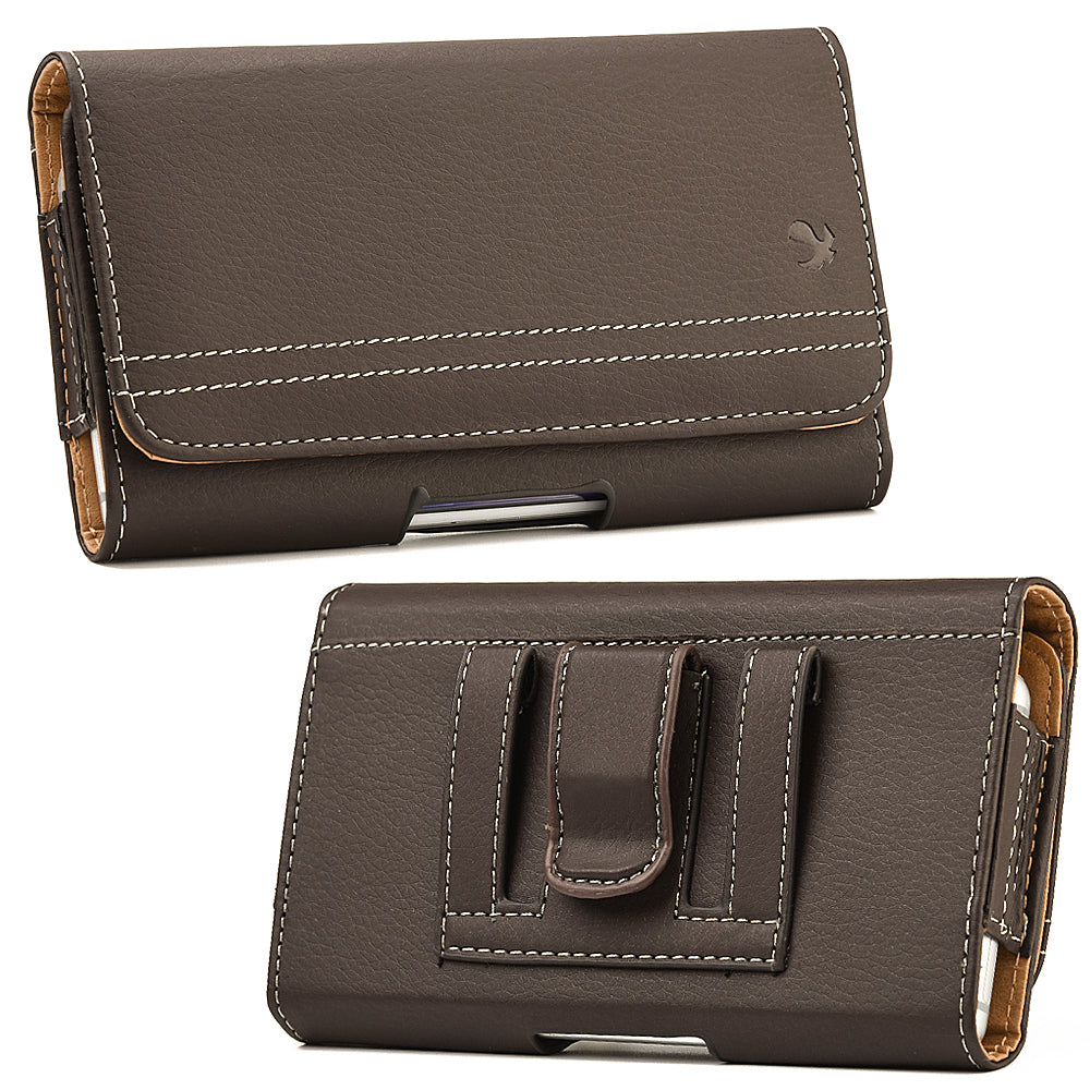For Apple iPhone 16 Pro (6.3") Horizontal Universal Carry Pouch Cell Phone Case PU Leather Holster Belt Clip Loop Card Slot & Magnetic Closure [Brown]