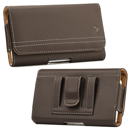 For Apple iPhone 16 Pro (6.3") Horizontal Universal Carry Pouch Cell Phone Case PU Leather Holster Belt Clip Loop Card Slot & Magnetic Closure [Brown]