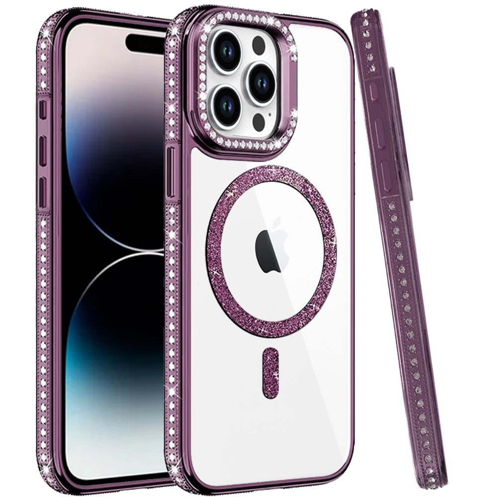 Phone Case for Apple iPhone 14 Pro Max Luxury Diamond Bling Edged Magnetic Glitter Shockproof Hybrid with Camera Kickstand Durable Grip Cover