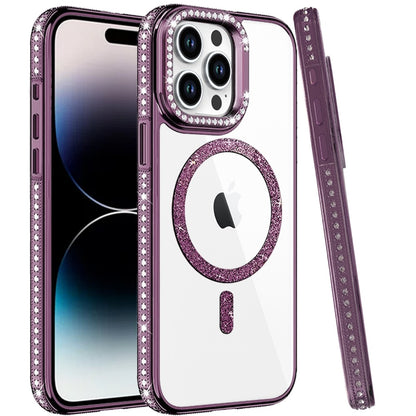 Phone Case for Apple iPhone 14 Pro Max Luxury Diamond Bling Edged Magnetic Glitter Shockproof Hybrid with Camera Kickstand Durable Grip Cover