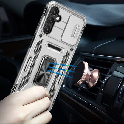 For Samsung Galaxy A16 5G Tough Hybrid Case with Movable Camera Window & Metal Ring Stand Shockproof Case Cover Silver