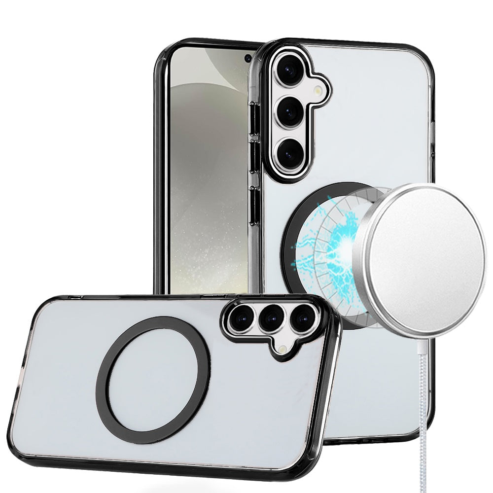 For Samsung Galaxy S24+ Plus Transparent Back Hybrid Case - Magnetic Circle, Color Frame, Metal Buttons, MagSafe Compatible Case Cover