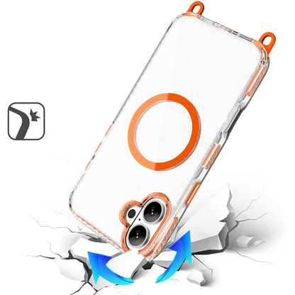 Phone Case for Apple iPhone 17 Transparent Magnetic Lanyard Shockproof Hybrid Clear Grip Durable Camera Protection TPU Anti-Slip Design Cover Cosmic Orange