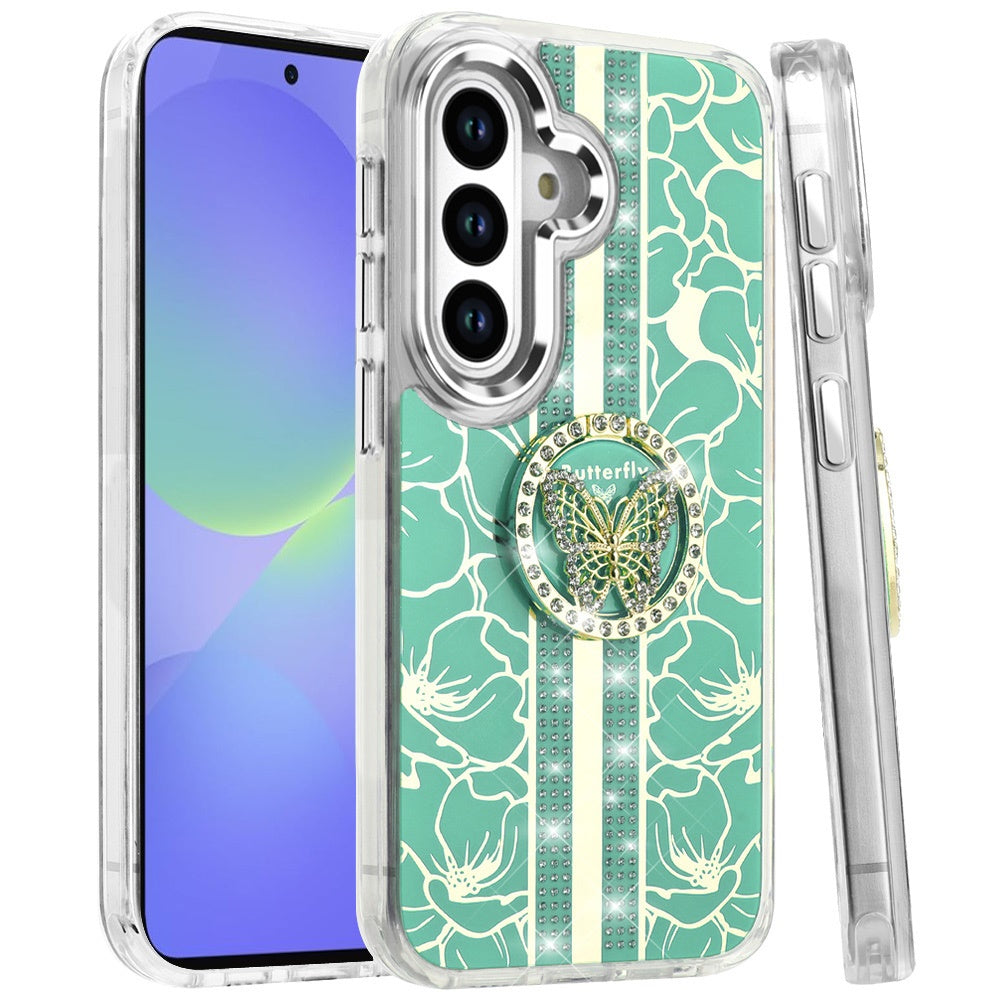 Phone Case for Samsung Galaxy A56 / A36 Floral Butterfly Ring Stand Glitter Bling Shockproof Hybrid Luxury Fashion Protective Anti Slip Durable Grip Cover