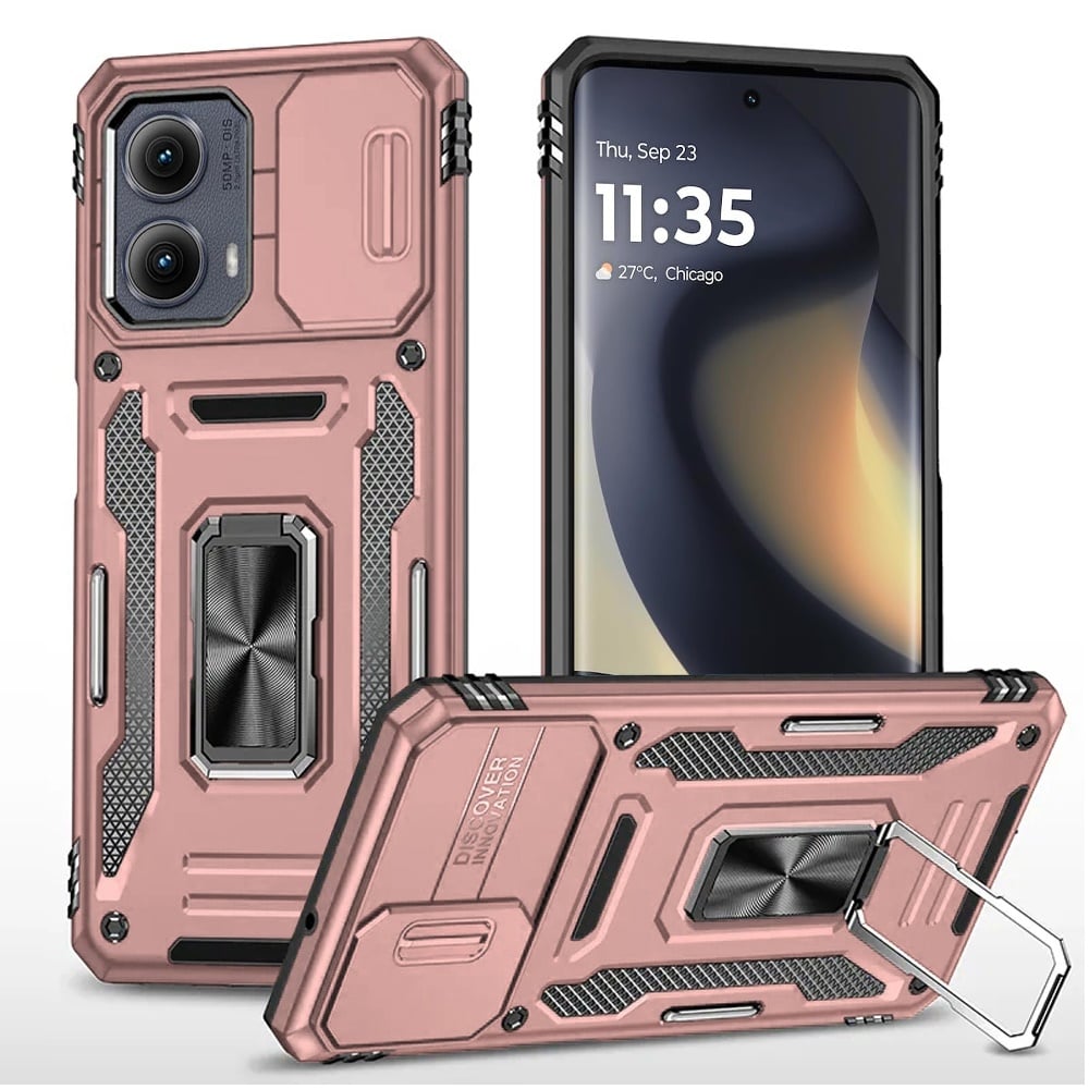 For Motorola Edge 2024 Tough Hybrid Case with Movable Camera Window & Metal Ring Stand Shockproof Case Cover Black