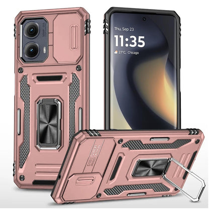 For Motorola Edge 2024 Tough Hybrid Case with Movable Camera Window & Metal Ring Stand Shockproof Case Cover Rose Gold