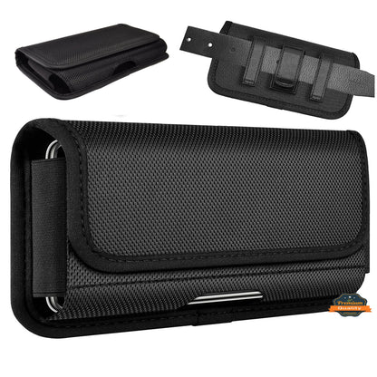 For Apple iPhone 16 (6.1") Pouch Case Universal Horizontal Canvas with Belt Clip Loop Holster Military Grade Cell Phone Holder Cover [Black]