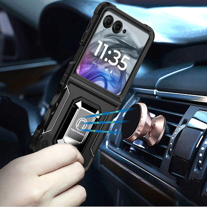 For Samsung Galaxy Z Flip 7 FE Hybrid Stand Magnetic Ring Holder Kickstand Heavy Duty Rugged Drop Silicone & Hard PC Shockproof Case Cover Black