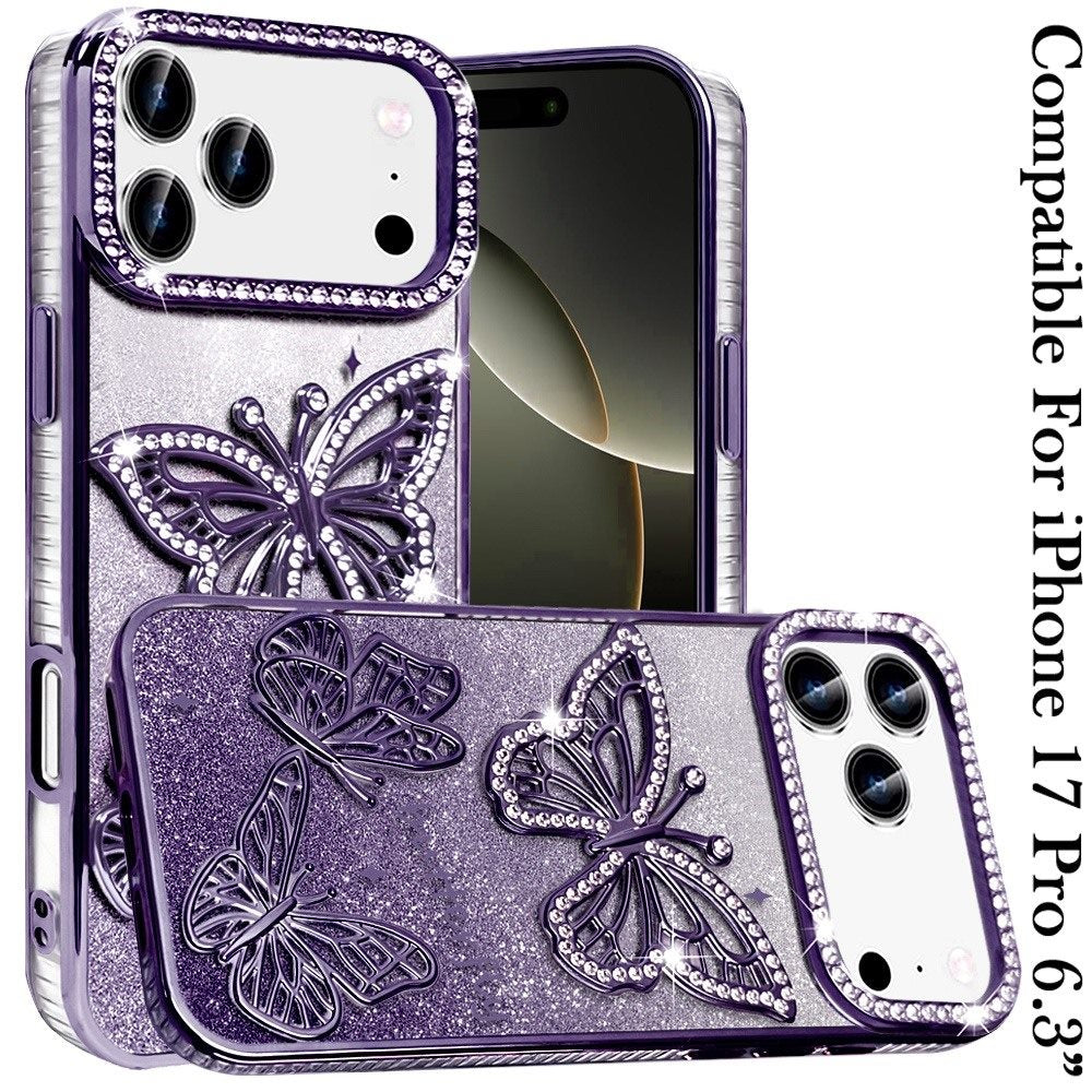 For Apple iPhone 17 Pro (6.3") Luxury Butterfly Sparkle Glitter Diamond Crystal Rhinestone Shimmer Bling Plating Thick TPU Hard PC Case Cover