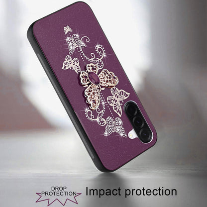 Phone Case for Samsung Galaxy A37 Diamond Glitter 3D Butterfly Engraved Luxury Bling Hybrid Shockproof Chrome Edge Protective Durable Grip Cover Purple