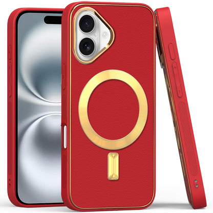 For Apple iPhone 16 Plus (6.7") PU Leather Magnetic Case Slim Protective Cover with MagSafe Compatibility Hard PC Gold Frame Protection Case Cover
