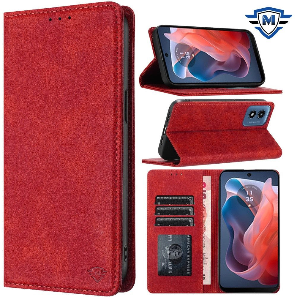 For Apple iPhone 16 (6.1") Premium Wallet PU Vegan Leather ID Credit Card Slot Money Holder with Magnetic Closure Pouch Flip Case Cover Red