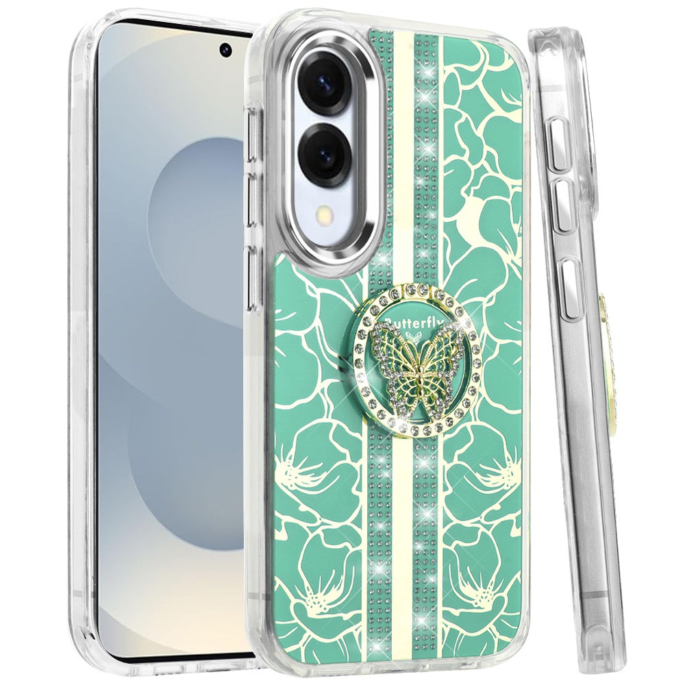 For Samsung Galaxy S25 Edge Diamonds 3D Fashion Bling Sparkly Glitter Ornaments Engraving Hybrid with Ring Stand Case Cover